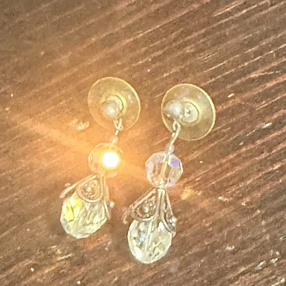 Vintage Faceted Crystal Drop Earrings Iridescent Aurora Borealis Dangle Pierced